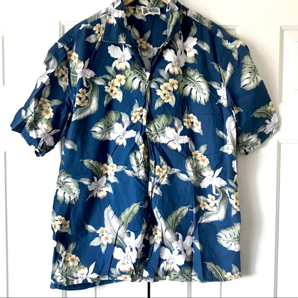 Vintage navy tropical floral Hawaiian dress shirt